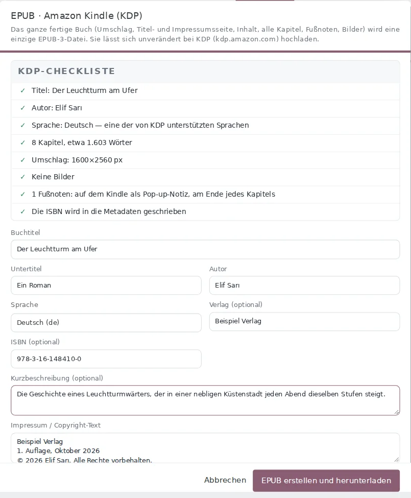 KDP-Checkliste und EPUB-Fenster: Titel, Autor, Sprache, Umschlag, Verlag, ISBN und Kurzbeschreibung.