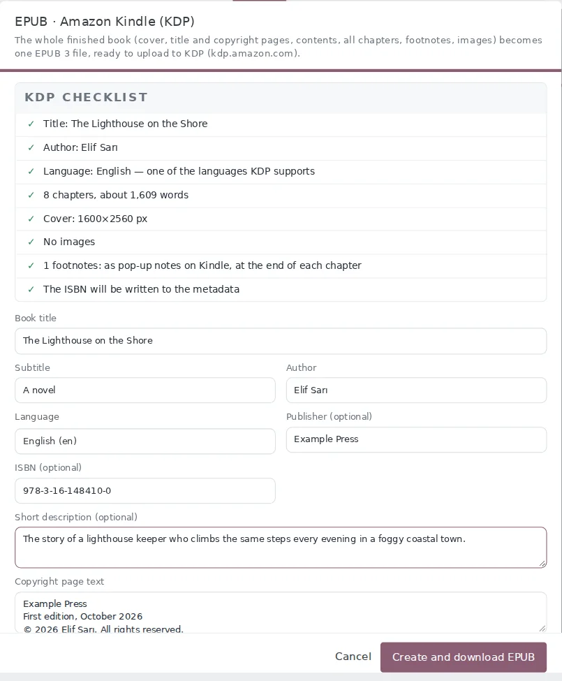 KDP checklist and EPUB window: title, author, language, cover, publisher, ISBN and description.