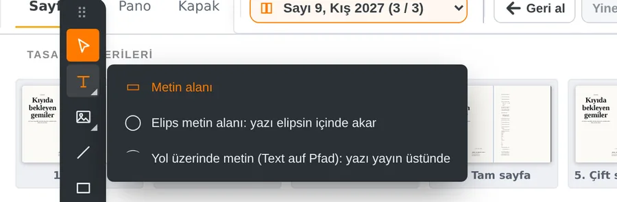 Corner arrow on the Text tool: text frame, ellipse text frame, text on a path.