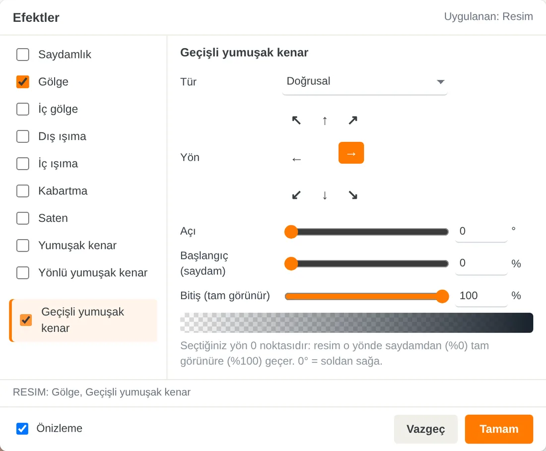 Effects window: small and freely movable; here the gradient feather settings.