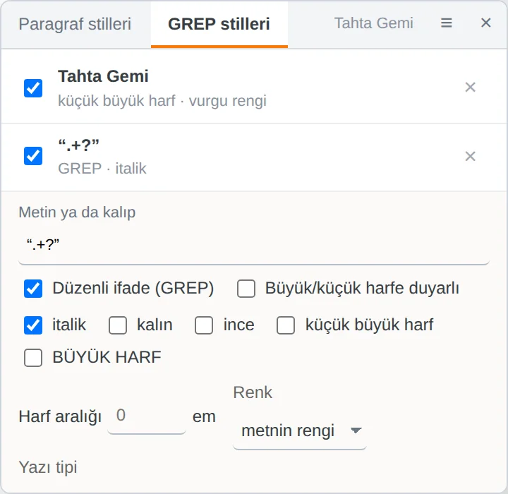 قاعدة GREP: تعبير نمطي، مائل، عريض، أحرف كبيرة صغيرة، تباعد، لون.