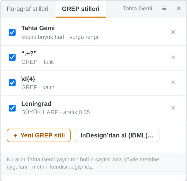 أنماط GREP: تُنسَّق كلمة أو صيغة أينما وردت، ويمكن الاستيراد من InDesign.