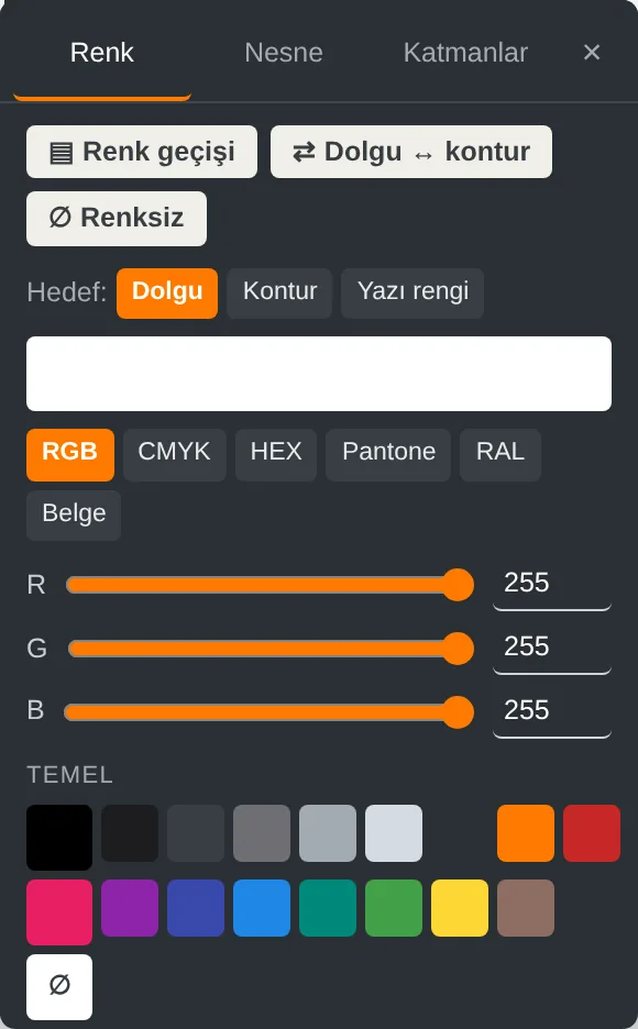 Colour window: RGB, CMYK, HEX, Pantone, RAL; gradient, fill ↔ stroke, no colour.